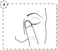 Line drawing of a finger gently pressing on the closed eyelid of an eye for administration of eye drops