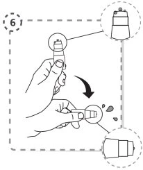 Diagram showing two hands rotating the upper part of a medical device downward following a black curved arrow