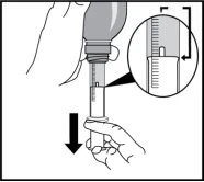 Disegno tecnico che mostra una mano che spinge lo stantuffo di una siringa verso il basso con un ingrandimento che evidenzia la scala graduata