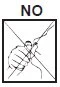 Prohibition symbol with the word NO above a stylized drawing of a hand holding an object, with a large X crossing through the frame