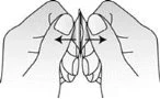 Black and white line drawing of two hands gently holding and opening the nostrils with black arrows indicating a lateral movement towards the