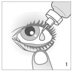 Disegno in bianco e nero che mostra una mano che applica una goccia di collirio nell'occhio aperto mentre un dito sostiene la palpebra inferiore