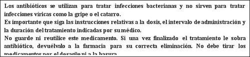 Spanish text on the use and disposal of antibiotics warning not to use them for viruses and not to keep leftovers after treatment