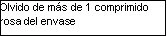 Black text on white background with the Spanish message 'Olvido de más de 1 comprimido rosa del envase'