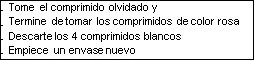 Spanish text on white background indicating to take the missed tablet, finish the pink tablets, discard the 4 white tablets, and start a new pack