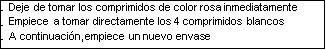 Spanish text on white background indicating to stop the pink tablets, start the 4 white tablets, and then begin a new pack