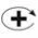 Black medical symbol with a central cross enclosed in an oval and a curved arrow pointing towards it