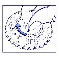 Technical drawing showing a curved arrow indicating the rotational movement of a circular device with wavy edges