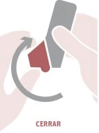 Due mani stilizzate che tengono un dispositivo medico con una freccia curva grigia che indica il movimento di rotazione per chiudere il coperchio