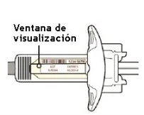 Disegno tecnico di una siringa con etichetta informativa, codice a barre e una finestra di visualizzazione indicata da una linea guida