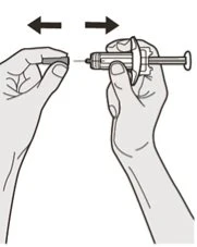 Due mani tengono una siringa con un ago e frecce nere indicano un movimento laterale di oscillazione tra le dita della mano sinistra