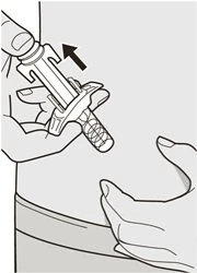 Disegno tecnico che mostra una mano che tiene un dispositivo medico per iniezione sulla pelle dell'avambraccio
