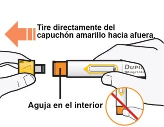 Two hands removing a yellow cap from a white medical device with black text and an orange insert on a white background
