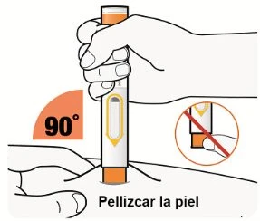 A hand holding an auto-injector ready to apply vertically at 90 degrees onto pinched skin for injection