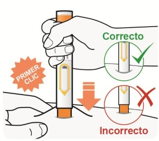 Medical illustration showing correct vertical insertion of an auto-injector into the skin compared to incorrect angled insertion