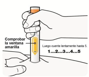 A hand holding an injection pen against the skin with a yellow window visible and the instruction to count slowly to 5