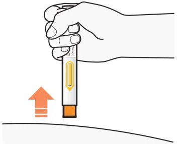 A hand holding a white and orange injection pen ready to be pressed vertically against the skin with an arrow pointing downward