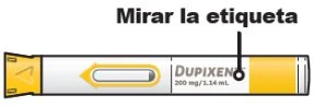 A 200 mg Dupixent pre-filled pen on a white background with a black arrow pointing to the text 'See label on the yellow and white package'