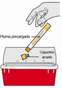 A hand holding a pre-filled pen above a red sharps container with a white lid, and a yellow cap separated from the body of the pen