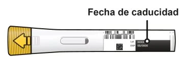 Drawing of a white medical device with an arrow on a yellow background and a black line indicating the expiration date on a barcode