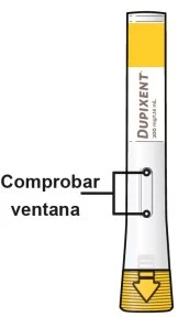 Vertical illustration of a white medical device with black text 'Dupixent' and a yellow downward arrow at the bottom