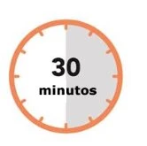 Circular clock with orange border and white and gray background indicating a time interval of 30 minutes