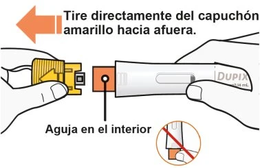 Two hands removing the yellow cap from a Dupixent medical device with an orange arrow indicating the direction upward