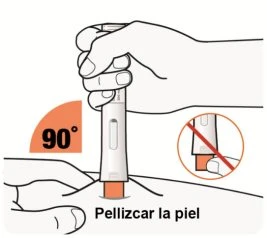 A hand holding a white medical device and pressing it vertically at 90 degrees onto the skin while another hand pinches the skin