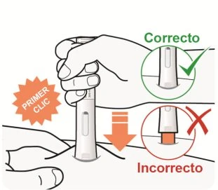 Drawing showing correct insertion of the injection pen into the skin with a green checkmark and incorrect insertion with a red cross