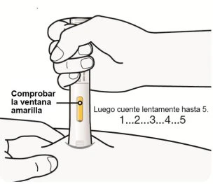 Drawing of a hand pressing a medical device onto the skin with a yellow window and the instruction to count slowly to five