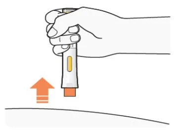 A hand holding an injection pen ready to be pressed vertically against the skin surface indicated by an orange arrow