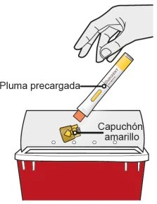 A hand holding a pre-filled Dupixent pen ready to insert into a device with a yellow cap above a red and white container