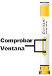 Vertical illustration of a Dupixent injection pen with an arrow indicating the viewing window to check the drug content