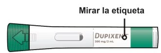 Изображение инъекционной ручки Dupixent 300 мг/2 мл с чёрной стрелкой, указывающей на