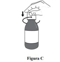 Una mano tiene un flacone scuro e ruota il tappo in senso orario seguendo una freccia curva per aprirlo con un movimento verso il basso