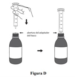 Disegno tecnico che mostra una mano che inserisce una siringa nel flacone del farmaco tramite un adattatore seguendo le frecce direzionali