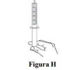 Disegno in bianco e nero di una mano che impugna verticalmente una siringa graduata con la scritta Figura H riportata sotto