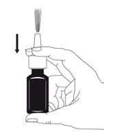 A hand holds a dark vial with a dropper, and a black arrow indicates downward movement for administration