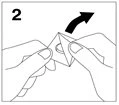 Two hands opening a square container with a central hole following the direction of a curved black arrow outward