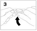 Two hands holding and lifting a small white container with a black arrow indicating the upward movement