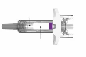 Diagramma tecnico di un dispositivo medico trasparente con componenti interni e due linee nere sottili che indicano parti specifiche del meccanismo
