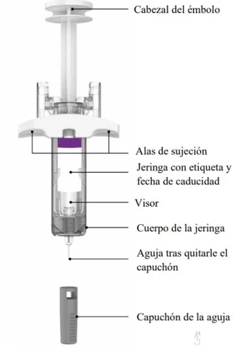 Diagramma di una siringa con etichette in spagnolo che indicano la testa dello stantuffo