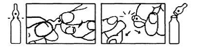 Technical drawing showing the steps for opening a medical vial and extracting its contents using a syringe or dropper