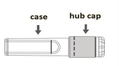 Technical diagram of a medical device with arrows indicating the housing labeled 'case' and the hub cap labeled 'hub cap'