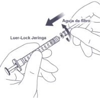 Due mani che assemblano una siringa Luer-Lock con un ago filtro tramite un movimento rotatorio di avvitamento