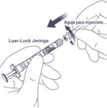 Due mani che assemblano una siringa Luer-Lock avvitando un ago per iniezione sul corpo della siringa stessa con una freccia direzionale