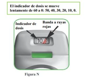 Detail of a medical device with a dose indicator showing the number 10 next to a red striped band on a gray background
