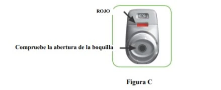 Gray medical device with a red top indicator and a dark central hole, enclosed in a green box with Spanish text and Figure C