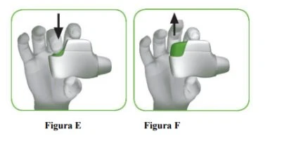 Two illustrations showing a hand holding a white medical device with black arrows indicating downward and upward movement