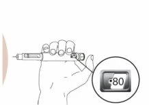 A hand holding an injection pen horizontally with an enlargement showing a digital display indicating the number 80